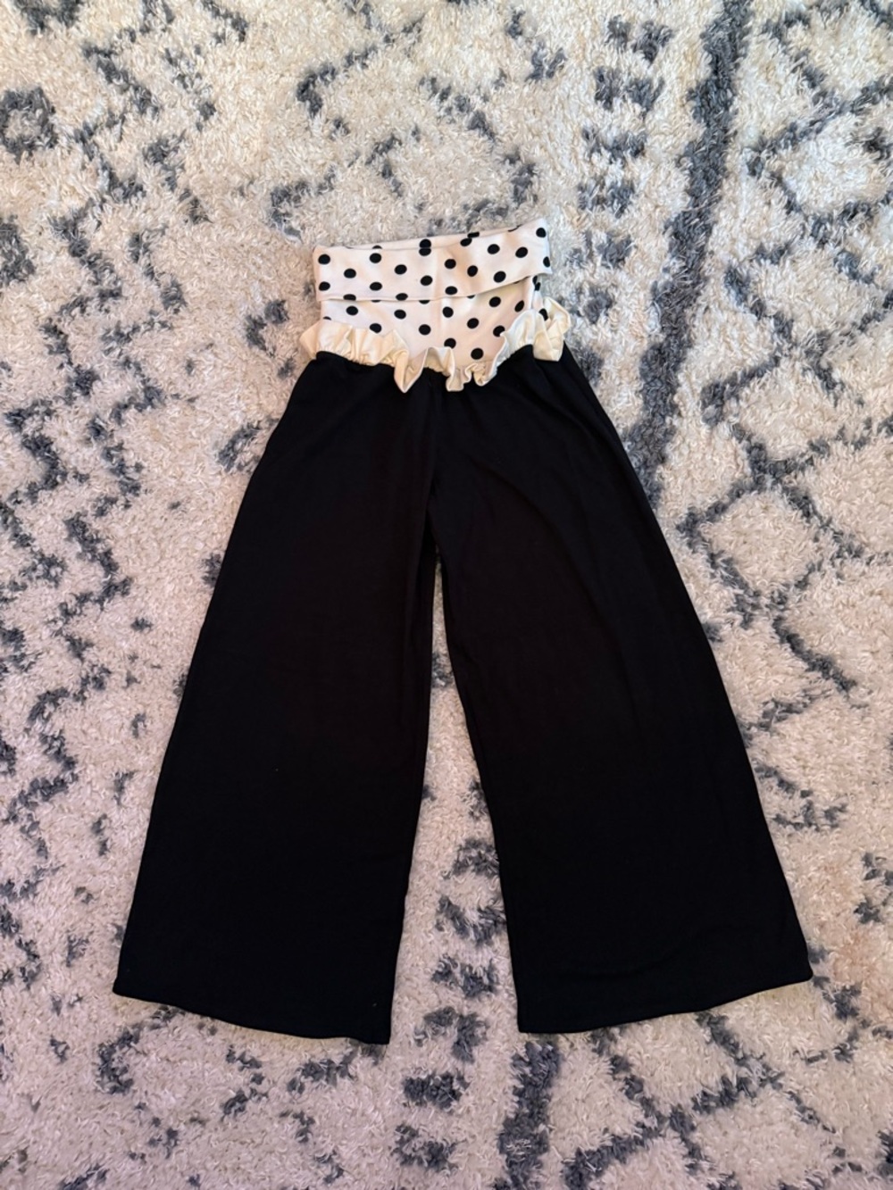 Persnickety Black Wide-Leg Pants with White Polka Dot Waistband
